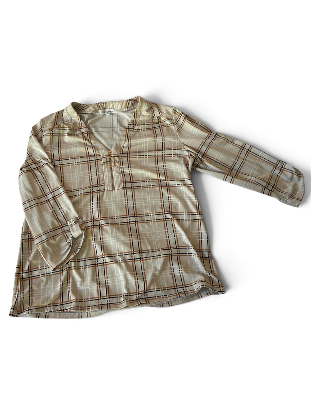Plaid Long-Sleeve Tunic Top in Cream and Brown - Womens